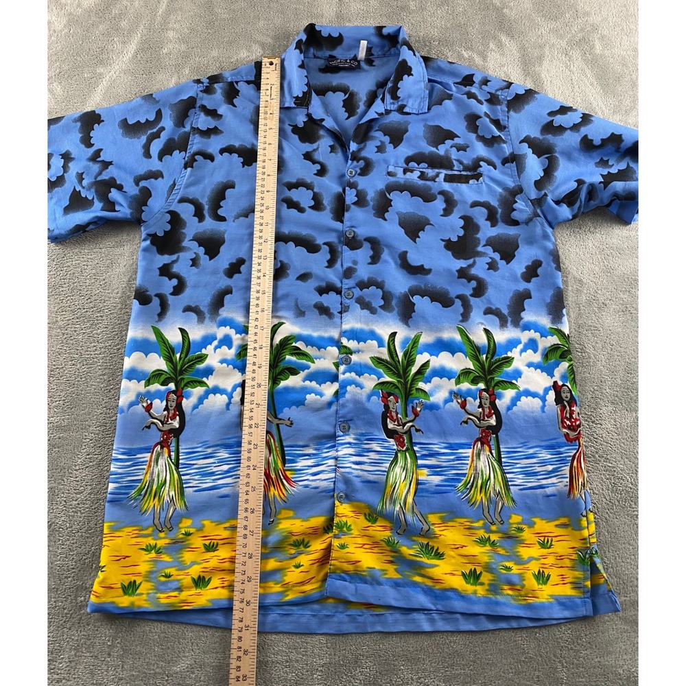 Pacific & Co Mens Blue Hula Dancer Hawaiian Camp Shirt Short Sleeve Size M - Picture 6 of 10